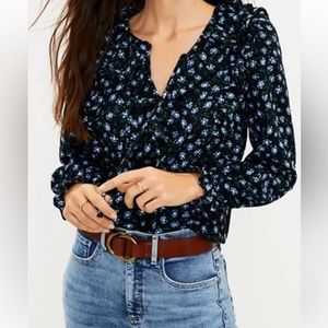 LOFT Blue Floral Ruffle-Neck Long-Sleeved Blouse
